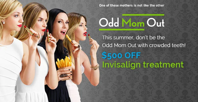 Advertisement featuring four stylish women, with one holding a snack, promoting $500 off Invisalign treatment