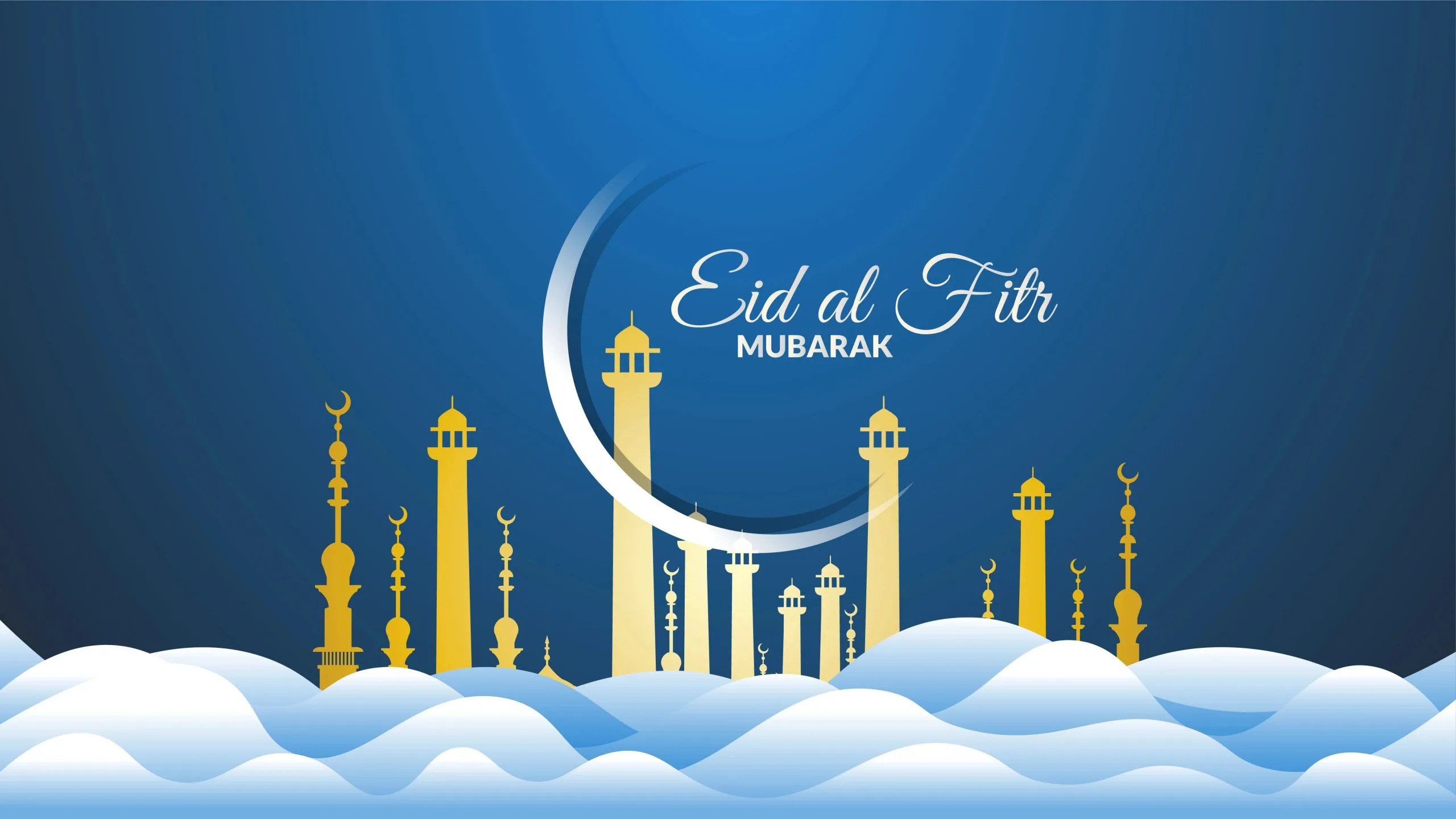 Eid al-Fitr greeting with golden mosque minarets, a crescent moon, and the text "Eid al-Fitr Mubarak" set against a deep blue background with white clouds.