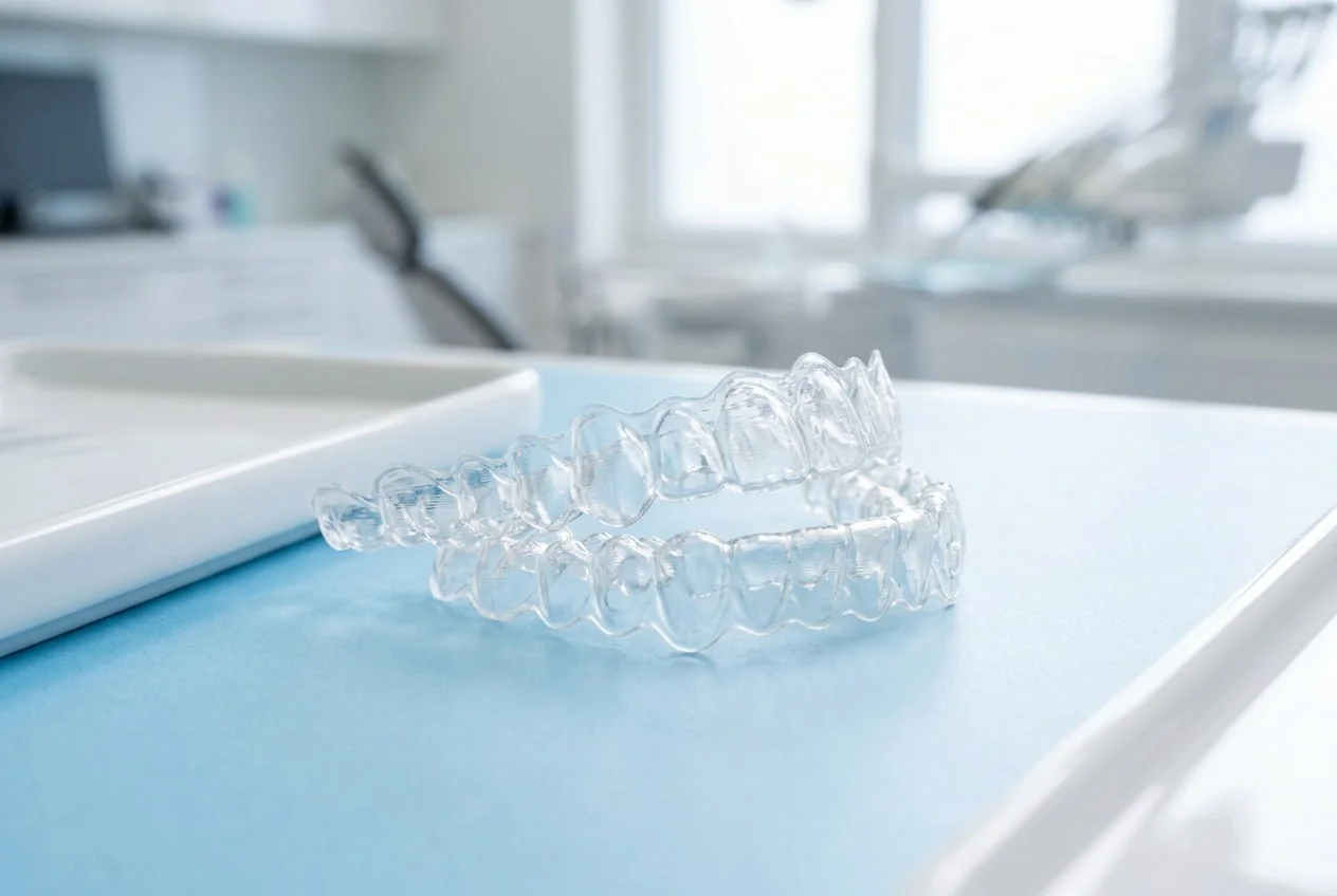 Pair of clear orthodontic retainers resting on a blue tray in a modern dental office