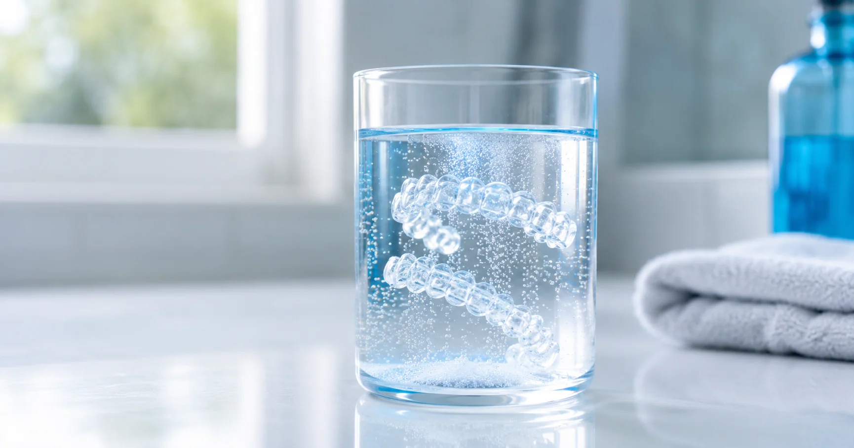 Invisalign aligners soaking in cleaning crystals solution in a glass of water