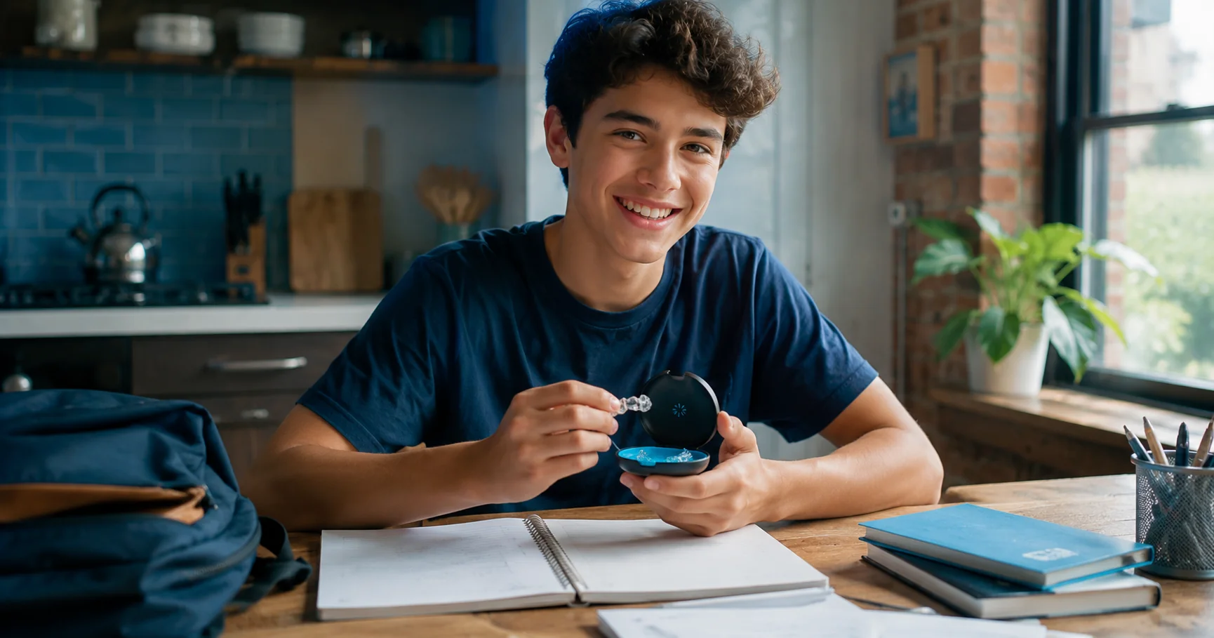 Brooklyn teen holding an Invisalign Teen aligner case and smiling